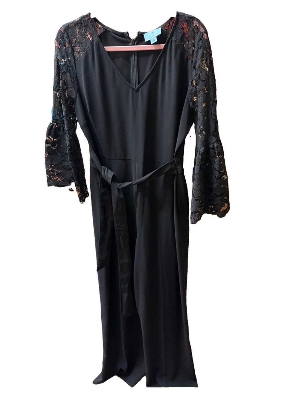 NWT $169 CeCe lace black formal jumpsuit sz 12 flutter bell sleeves tie front